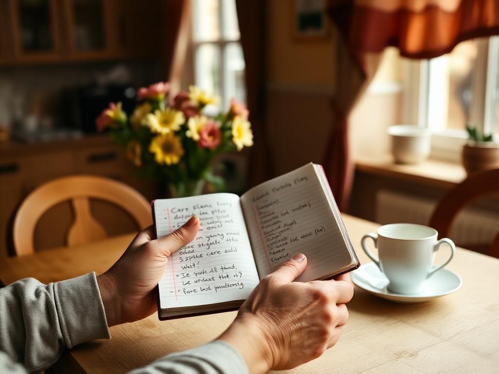 Hands holding a handwritten care plan notebook on a kitchen table