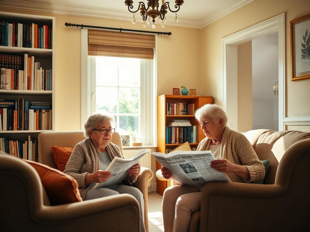An older woman and her live-in carer reading the paper together in a sunlit living room